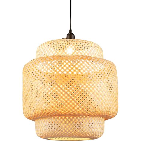 Suspension Bambou, Abat Jour Bambou Rustique Fil 0-90cm E27 40W, Suspension Naturelle Plaque de Plafond Métal, Luminaire Bambou pour Salon, Ø 30 x H 30 cm (1/5)
