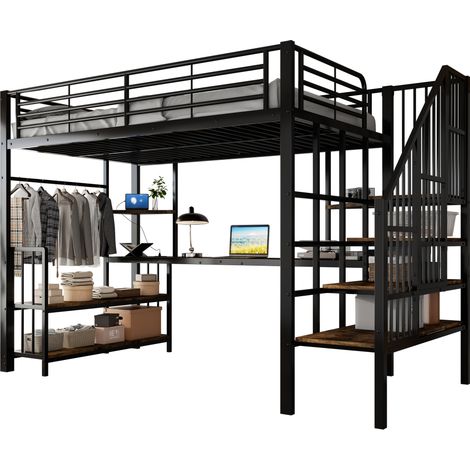 CHICFURN Cama alta 120x200 cm de metal y MDF negra, escalera con pasamanos (1/5)