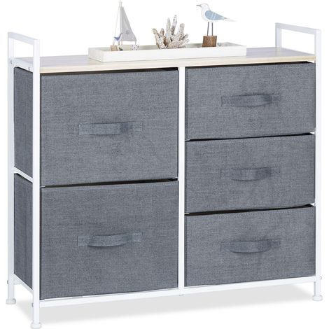Scaffale Relaxdays, 5 cassetti in tessuto, HxLxP 77,5×83×29 cm, cassettiera universale, metallo/legno, grigio