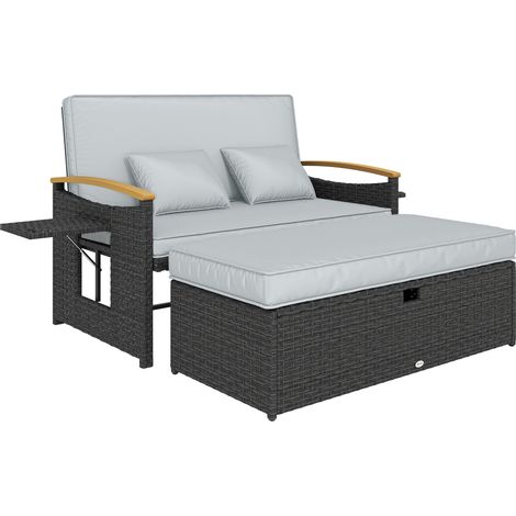 Outsunny Double Garden Rattan Daybed with Storage Ottoman, Dark Grey