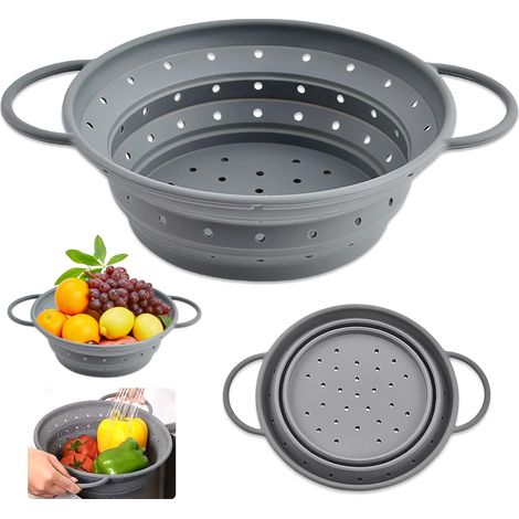 1 Passoire Pliable, Silicone Alimentaire, Acier Inoxydable, 28cm, Gris, Cuisine, Camping