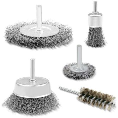 Set of 5 Wire Brushes, Wire Brush for Drill 6 mm Shank, Grinder for Screwdriver Drill to Clean Wood Metal for Removing Paint/Corrosion/Rust (1/5)