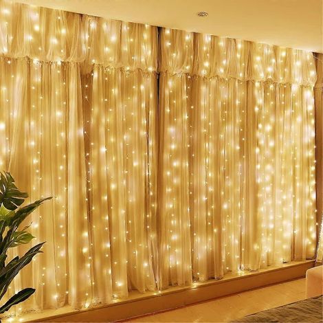 Rideau lumineux LED blanc chaud 300 LED, 3 m x 3 m, guirlande lumineuse féérique USB, 8 modes d'éclairage, 12 crochets, télécommande (1/5)