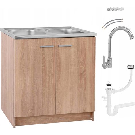 Meuble de cuisine 80 cm – Chêne sonoma – Ensemble complet avec évier inox 41x39 cm et robinet chrome – Installation facile