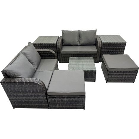 Fimous Rattan Garden Outdoor Furniture Set Love Sofa Square Coffee Table Set with 2 Side Table 2 Big Stools Dark Grey Mixed (1/5)