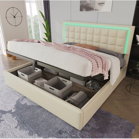 Lit coffre 180x200 avec LED, cadre de lit rembourré en cuir synthétique blanc DESVIAE (1/5)