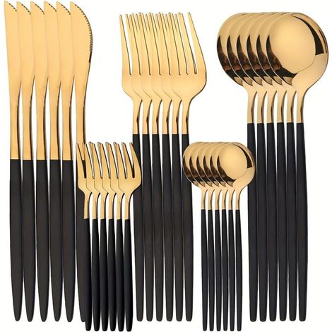Un élégant service de couverts de luxe 30 pièces en acier inoxydable – Comprend un couteau, une fourchette, une cuillère, une cuillère à dessert et une fourchette à dessert pour 6 personnes – Finition (1/5)