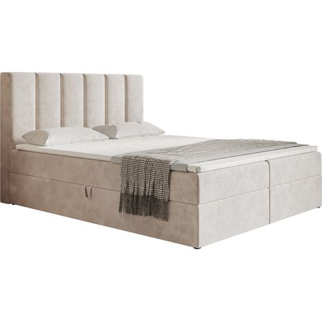 Emporius – Lit boxspring 160x200 cm avec matelas à ressorts Bonell et surmatelas 5 cm – 2 coffres de rangement – Tissu velouté imperméable (1/5)