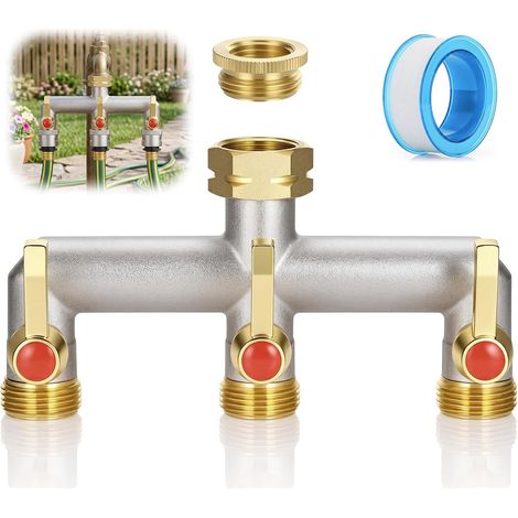 Répartiteur d’Eau en Laiton 3 Voies avec Poignée Allongée, Distributeur 3 Voies 3/4 Pouce pour Maison,Cour/Buanderie,Jardin, Répartiteur d’Eau de Jardin 3 Voies avec Adaptateur 1/2" vers 3/4" (1/5)
