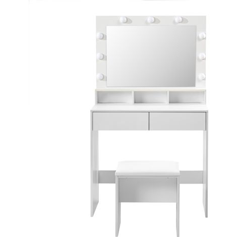 FurnitureR Coiffeuse avec éclairage LED, 3 couleurs, luminosité réglable, miroir, étagères, tabouret, 2 tiroirs, blanc