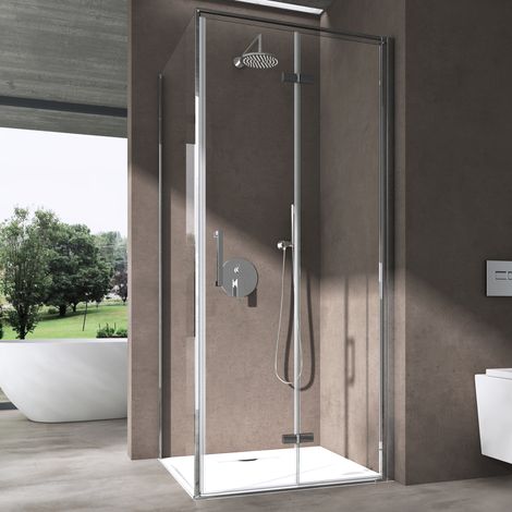doporro® Eck-Duschkabine 100x100x195cm Eckdusche Chrom Duschbatrennung mit Falttür inkl. Duschtasse ESG-Sicherheitsglas Klarglas mit Nano-Beschichtung Ravenna37 (1/5)