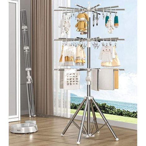 Séchoir à linge pliable, séchoir à linge en métal avec pinces coupe-vent pour intérieur et extérieur, cintre de séchage pour couches et serviettes de bébé avec 3 niveaux de supports robustes pour balc (1/4)