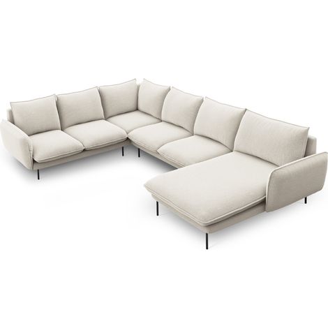 Canapé d'angle panoramique 7 places tissu structurel beige clair (1/5)