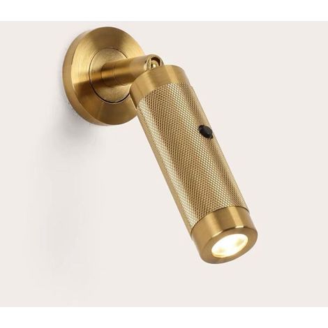 Modern and adjustable LED wall light with on/off switch, 3W adjustable spotlight in brushed aluminum, brushed brass color, ideal for indoor reading. (1/5)