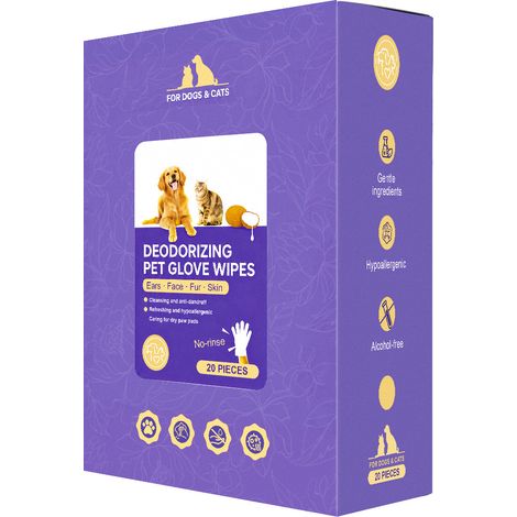 Lingettes désodorisantes pour animaux, adaptées aux chats et aux chiens, désodorisent le corps, laissent une sensation de fraîcheur et de parfum, gants nettoyants pour les taches, 20 pièces (1/5)