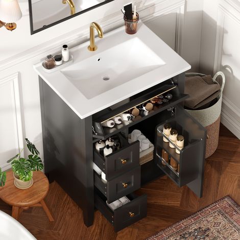 Meuble de salle de bain autoportant 61 cm, finition laquée noire brillante, tiroir rabattable, trois tiroirs coulissants et porte simple avec étagères réglables, robinet non fourni (1/5)