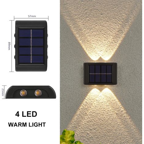 (4 LED à lumière chaude) Appliques murales solaires double tête haute luminosité, éclairage vers le haut et vers le bas, pour jardin, enseigne de porte, éclairage extérieur étanche (1/5)