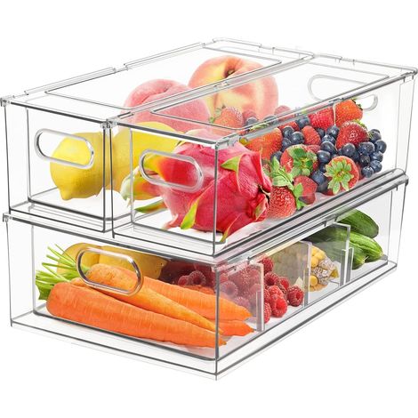 Lot de 3 boîtes de rangement transparentes pour réfrigérateur avec poignée – Organiseur de cuisine empilable avec compartiments – Pour frigo, armoires, garde-manger (1/5)