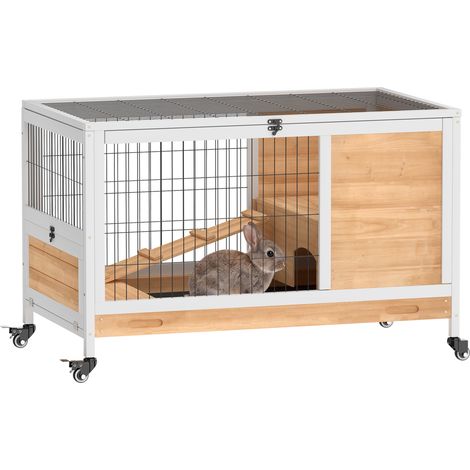 Clapier en bois avec 4 roues, maison pour lapins et rampe, 90 x 53 x 59 cm, jaune (1/5)
