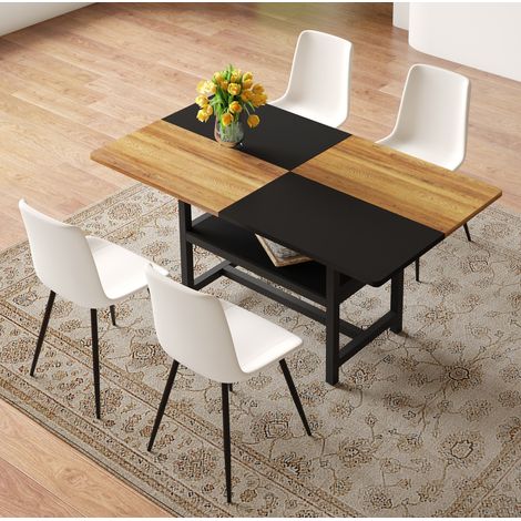 Conjunto de comedor MDF y metal marrón/negro con mesa de 160 cm, estante integrado y 4 sillas blancas de PU (1/5)