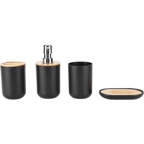4-teiliges Badezimmer-Accessoire-Set aus Bambus, wasserdicht und langlebig, inklusive Zahnbürstenbecher für Zuhause und Hotel, Schwarz (1/5)