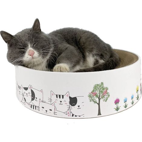 Griffoir pour chat rond en carton, lit de repos et aire de jeu grattable, design décoratif pour chaton et chat adulte (1/5)