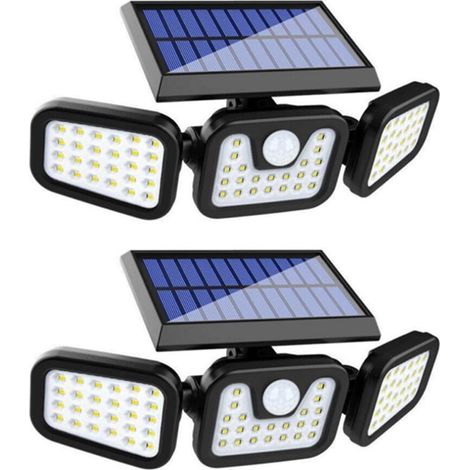 Lámpara solar para exteriores, sensor de movimiento solar, luz de seguridad solar de 3 cabezales, resistente al agua IP65, paquete de 2 unidades. (1/5)