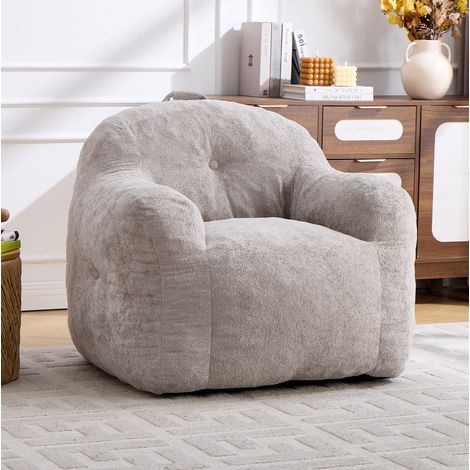 Sillón puff bean bag con respaldo ergonómico, relleno de espuma triturada, sin montaje, pelo sintético gris claro (1/5)