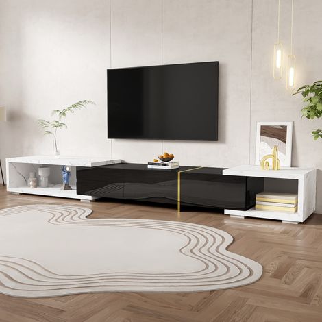 Meuble TV rotatif réglable 140-260 cm, finition blanc marbre et noir brillant mat, décorations dorées, design moderne.