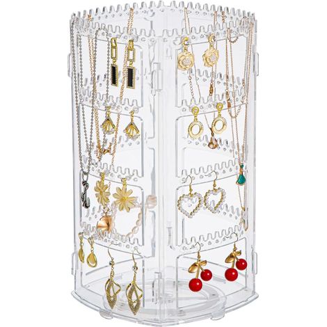 Présentoir à bijoux rotatif à 360°, support de boucles d'oreilles, présentoir à bijoux à 4 niveaux, présentoir classique pour la maison, rangement de colliers, bagues, boucles d'oreilles, transparent (1/5)