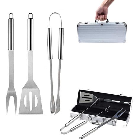 Outil d'ustensiles de cuisine pour barbecue (3 pièces), ensemble d'outils en acier inoxydable comprenant des pinces, une spatule, fourchette avec un étui transport aluminium pou - (1/5)