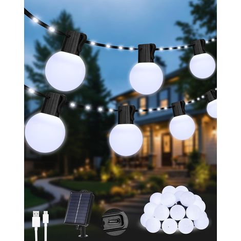 Guirlande Lumineuse Solaire Exterieure, 10M 100 Leds Exterieur Solaire Avec 20 Ampoules G40 Incassables, 8 Modes Etanche Rechargeable par USB/ Solaire Balcon Jardin Campings (Blanche) (1/5)