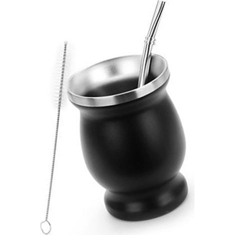 Ensemble tasse à thé en calebasse, tasse noire en acier inoxydable, goupillon pour nettoyer la paille et préparer le thé. Idée cadeau.