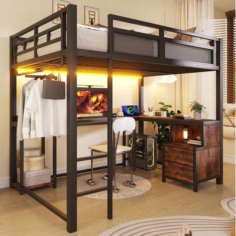 Etagenbett 140/200 cm aus Metall und Holz in Schwarz mit LED, Schreibtisch, Ablagen und Kleiderstange (1/5)