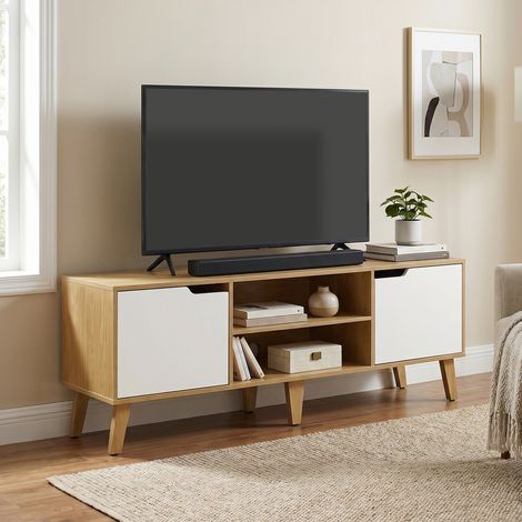 Meuble TV, Étagère Réglable, pour Télévision jusqu'à 65 Pouces, Longueur 147 cm, pour Salon, Chambre, Chêne Naturel et Blanc (1/5)