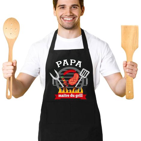 Tablier Cuisine Personnalisé Homme, Tablier Rigolo Humour Bbq Barbecue Coton Noir Réglable, Tablier de Cuisine Cadeau Fete Des Peres Saint Papa Noel Valentin (1/5)