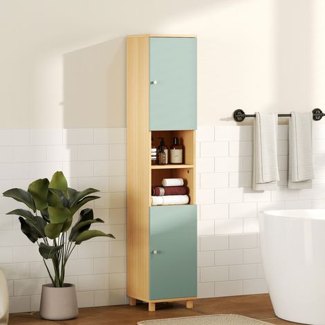 Badezimmerschrank, Aufbewahrungseinheit mit 2 Schränken, 2 offenen Fächern, verstellbaren Einlegeböden, 30 x 30 x 166 cm, grün