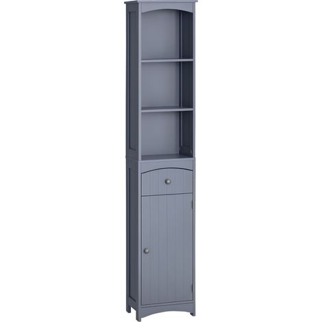 Meuble gris 34x24x170 cm avec 1 tiroir et 3 étagères ouvertes, colonne de rangement moderne pour salle de bain et salon design sobre