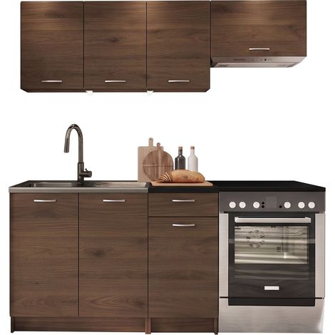 Cuisine complète Ota, Noyer + Noir, 180x60cm, Disponible, Stratifié, LED: Disponible (1/4)