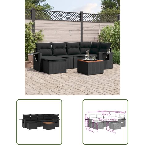 The Living Store Salon de jardin 7 pcs avec coussins noir résine tressée - Ensemble Salon De Jardin - Meuble Extérieur - Jardin Design - Mobilier De Jardin - Chaise Lounge