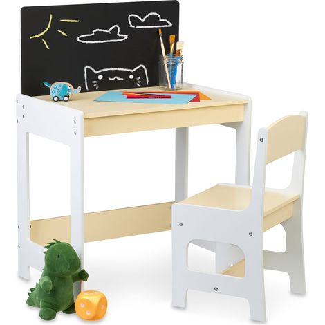 Relaxdays – Table enfant avec ardoise et chaise – Dimensions table 88 x 62 x 42 cm – MDF blanc et beige – Hauteur table 59 cm, chaise 32 cm (1/5)