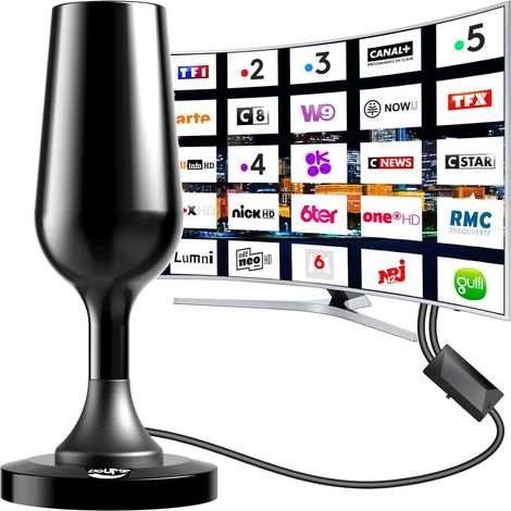 Antenne TV Intérieure TNT HD, Antenne TV Intérieur avec Amplificateur de Signal à Gain, Réception Longue Portée à 360° avec Base Magnétique (1/5)