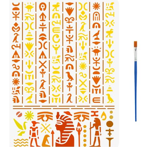 Pochoir D'Écriture Égyptienne Ancienne Avec Un Pinceau 29.7X21cm Pochoir de Symboles Égyptiens Pochoir Hiéroglyphes Modèle de Dessin de Thème Égyptien pour Carrelage Mural Meubles de Sol (1/5)