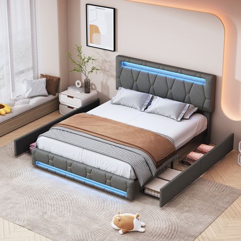 Vorteipoge -Lit double capitonné 140x200 – 4 tiroirs de rangement – LED intégrée – Tissu lin – Sommier inclus – Idéal adultes et adolescents - Gris (1/5)