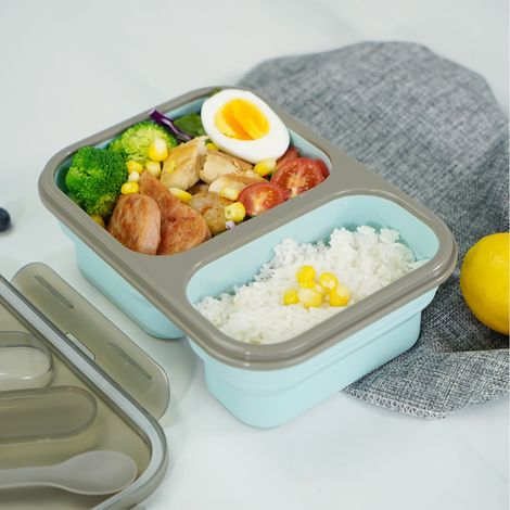 Zusammenfaltbare Silikon-Lunchbox mit 2 Fächern, große Bento-Box, mikrowellen-, spülmaschinen- und gefriergeeignet (1/5)