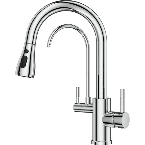 Robinet Cuisine, 3 Voies Mitigeur Cuisine, Robinet Evier pivotant à 360° avec robinet d'eau potable et douchette extractible, Mitigeur à double poignées, Chrome Poli (1/5)