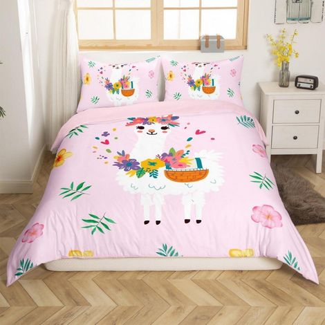 Bettwäsche-Set 200x200cm Rosa Alpaka Blumen Druck Mikrofaser mit Reißverschluss