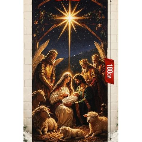 Nouveaux rideaux de porte de Noël, décorations festives, drapeaux, fanions d'extérieur - 90 x 180 cm (perforés + ruban) - 33