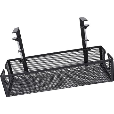 Plateau cache-câbles sous bureau acier carbone trou rond latéral forme trapèze organisateur fils bureau étude noir kit 1 panier 2 supports 6 colliers (1/5)