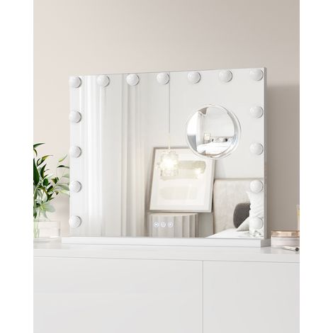 Miroir de maquillage LED type cinéma américain à poser - 15 ampoules, 3 températures de couleur, variateur tactile, cadre aluminium, loupe 3x amovible, USB - 23x18", blanc (1/5)